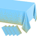 misaya 4 Packs Dot Disposable Table Cloth, 54 x 108 Inch Waterproof Plastic Tablecloth, Rectangle Gold Dots in Light Blue Table Covers for Easter, Picnic, Birthday, Party