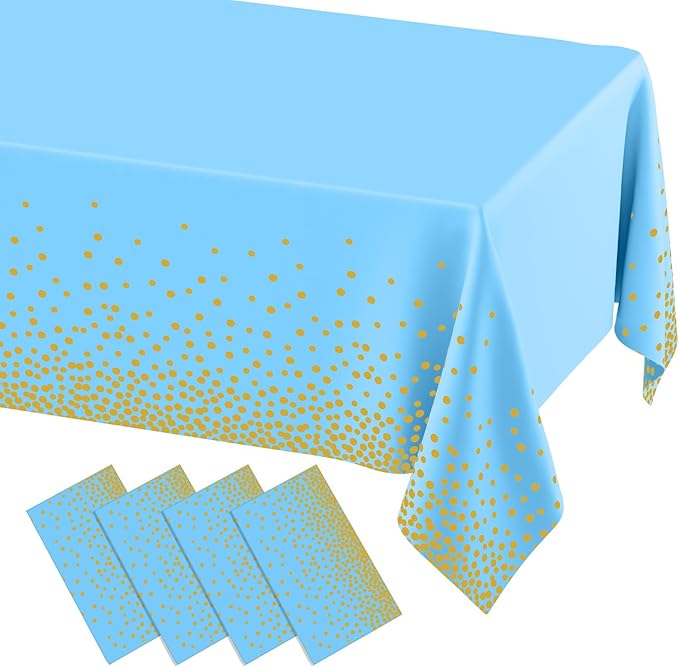 misaya 4 Packs Dot Disposable Table Cloth, 54 x 108 Inch Waterproof Plastic Tablecloth, Rectangle Gold Dots in Light Blue Table Covers for Easter, Picnic, Birthday, Party