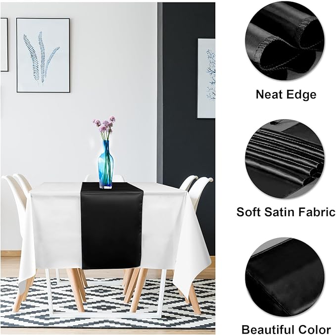 12Pack 12x108 Inch Satin Table Runner and 54x108Inch Plastic Tablecloths White and Black Disposable Rectangle Table Cover for Graduation Wedding Bridal Shower Anniversary Birthday Party Decorations