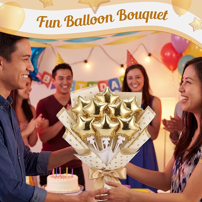 30 Pcs Star Self Inflatable Balloons with Bow Stems Star Foil Balloons Mini Pentagram Decoration for Patriotic Independence Day Graduation Birthday Baby Shower Anniversary(Gold,4 Inches)