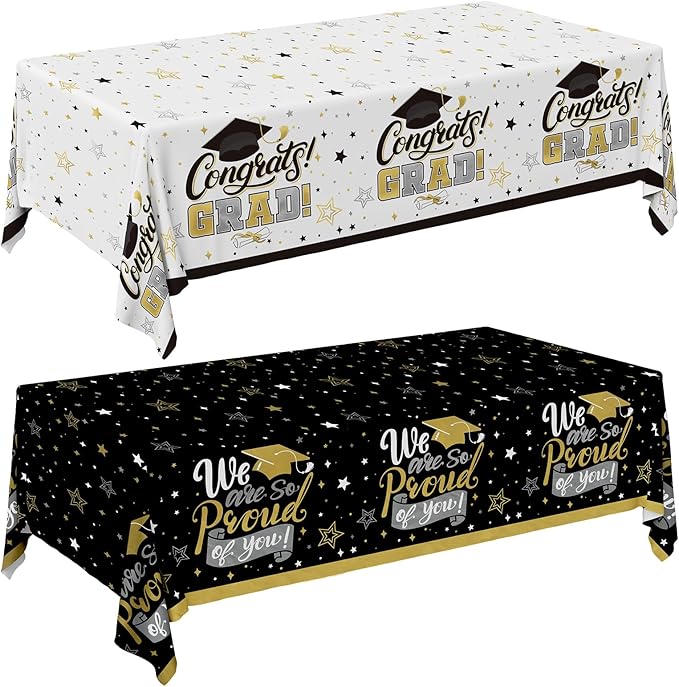 Gatherfun Graduation Decorations 2026-2 Pcs Black and Gold Gongrats Grad Tablecover for Graduation Party Decorations，Grad Plastic Table Covers 54"x108"