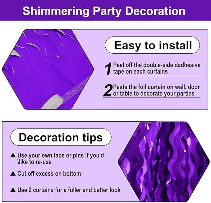 4 Pack Purple Wave Foil Fringe Curtain Backdrop, 3.28Ft x 8.2Ft Metallic Tinsel Foil Fringe Streamer Curtains for Photo Booth, Mother's Day, Easter, Birthday, Wedding Party Decoration