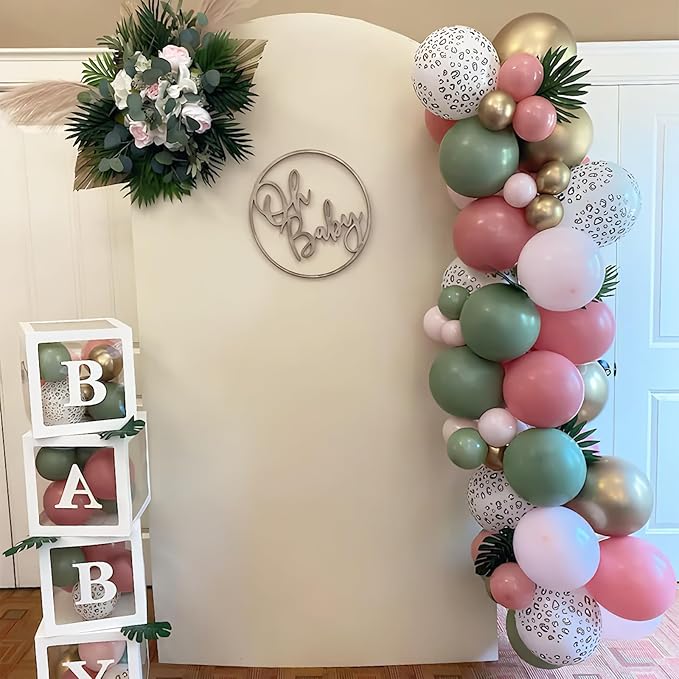 Pink and Green Balloons, Jungle Safari Balloon 12 Inch Leopard Cheetah Print Sage Green Dusty Light Pink Metallic Gold Latex Balloons for Girls Boho Baby Shower Wild One Birthday Party Decorations