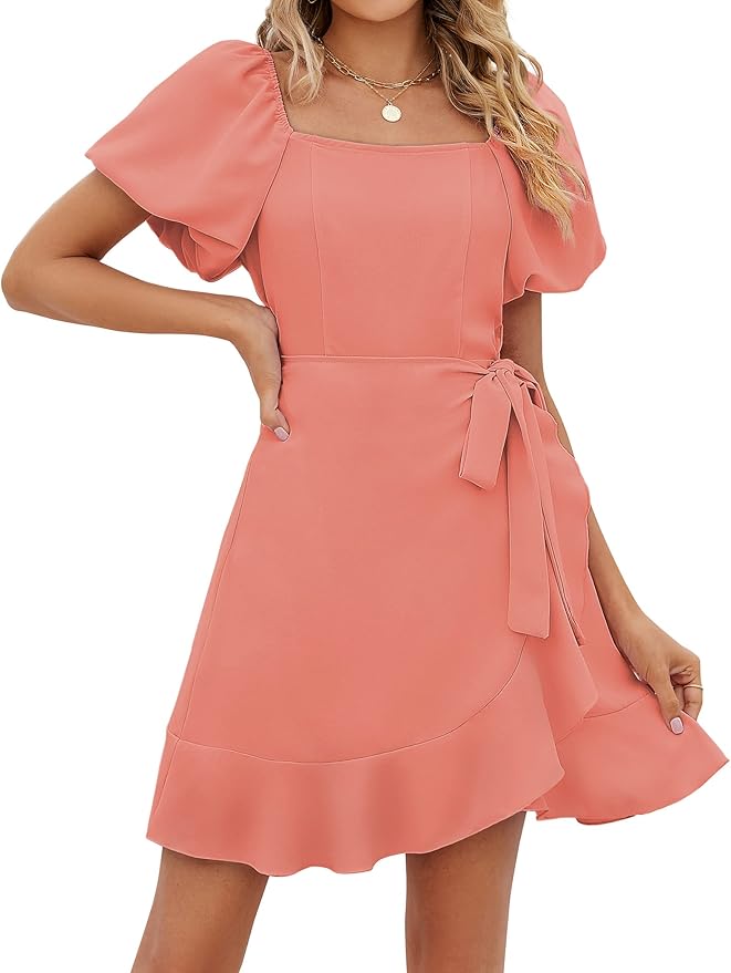 Sampeel Womens Summer Dresses Square Neck Puff Sleeve Tie Waist Short Dress