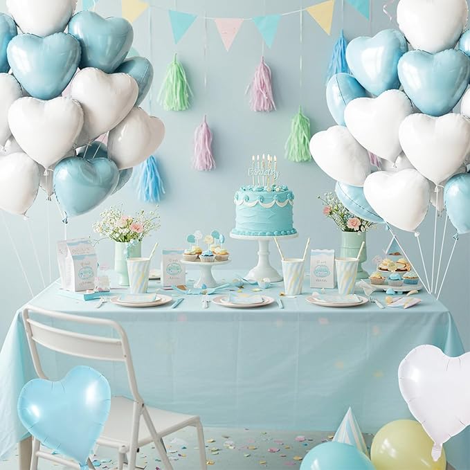 TONIFUL 30Pcs 18 Inch Light Blue White Heart Balloons Pastel Blue Heart Shape Foil Mylar Banners Decoration for Birthday Valentine's Day Wedding Bridal Shower Anniversary Engagement Party Supplies