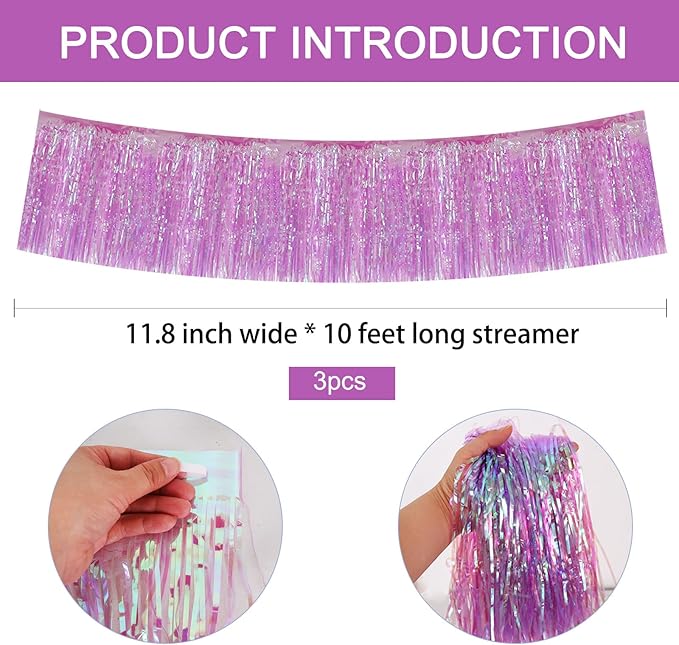 BEISHIDA 3 Packs Metallic Foil Fringe Garland Shining Purple Wall Hanging Tinsel Fringe Banners for Car Floats Bridal Shower Wedding Birthday Easter Graduation Holiday Party Decoration(30 Feet)