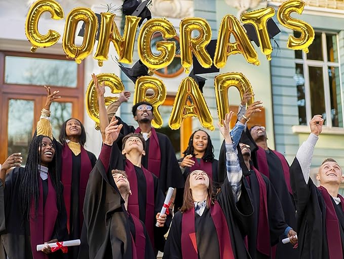 KALOR 16 Inch Gold Congrats Grad Banner Balloons, Gold Congrats Grad Letters Sign, Graduation Decorations 2026 for Graduation Party Decorations 2026