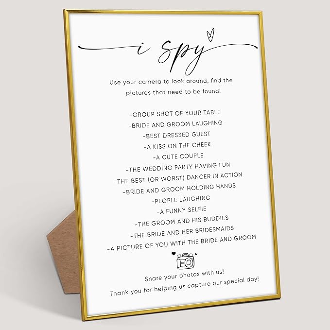 I Spy Wedding Game Sign, 8"X 11" Gold Frame Wood Wedding Sign with Stand, Bridal Shower Photo Hunt Game, Engagement Party Decorations, Bridal Shower Favors for Ceremony and Reception-6
