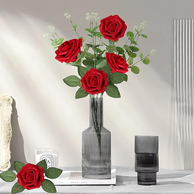 AmyHomie Artificial Flower Dark Red Rose 25pcs Real Looking Fake Roses w/Stem for DIY Wedding Bouquets Centerpieces Arrangements Party Baby Shower Valentines Day Christmas Tree Decorations