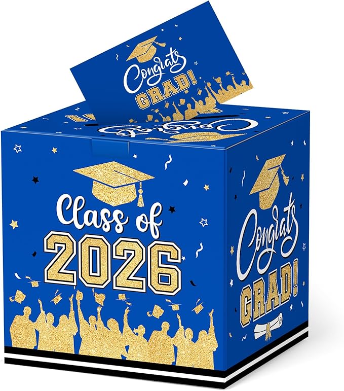 Graduation Card Box 2026 - Congrats Grad Card Boxes Holder, Blue and Gold Class of 2026 Graduation Gift Cards Box for Graduation Party Decorations 2026 Favors Decor Supplies Props,9x 9 x 9 inches