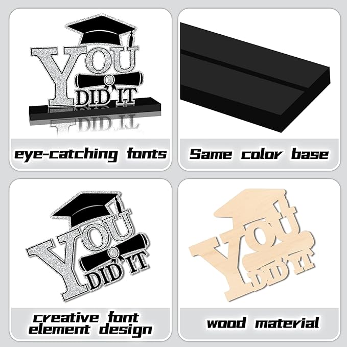 4Pcs Graduation Decorations Class of 2026 Wood Table Centerpieces Congrats Grad Wooden Sign Graduation Table Toppers Congratulate Tiered Tray Decor for 2026 Graduation Party(Black-Silver)