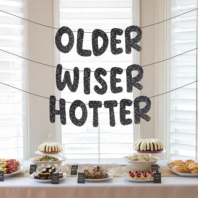 Pre-Strung Happy Birthday Banner Birthday Sign NO DIY Glitter Older Wiser Hotter Banner for Women Men 30th 40th 50th 60th 70th 80th Funny Black Birthday Decorations (Black)