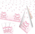 3 Pack Coquette Pink Bow Plastic Tablecloth, 54 X 108Inch Disposable Happy Birthday Table Cloth for Rectangle Tables Waterproof Table Cover for Girls Bridal Wedding Birthday Party