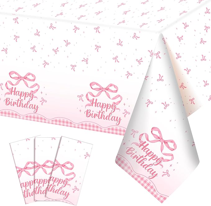 3 Pack Coquette Pink Bow Plastic Tablecloth, 54 X 108Inch Disposable Happy Birthday Table Cloth for Rectangle Tables Waterproof Table Cover for Girls Bridal Wedding Birthday Party