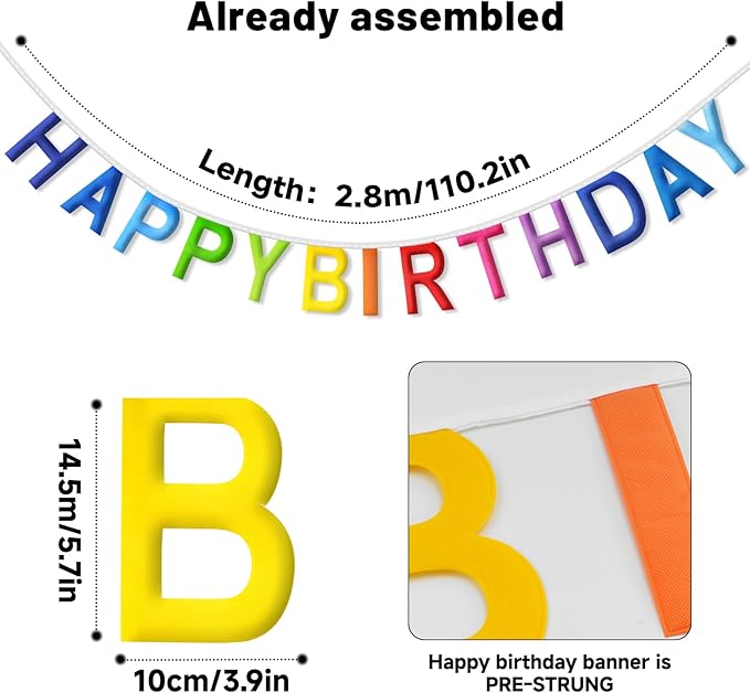 Pre-Strung Happy Birthday Banner NO DIY Happy Birthday Sign Reusable Personalized Birthday Party Banner Birthday Hanging Decoration Photo Prop for Kids Women Men Girl Boy (Rainbow)