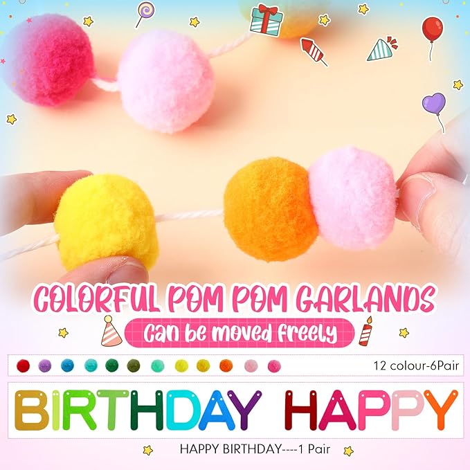Breling 3 Pieces Happy Birthday Felt Garlands 10ft Colorful Pompom Ball Garland Birthday Party Decorations for Wall, Mantle Fireplace, Hanging Decor