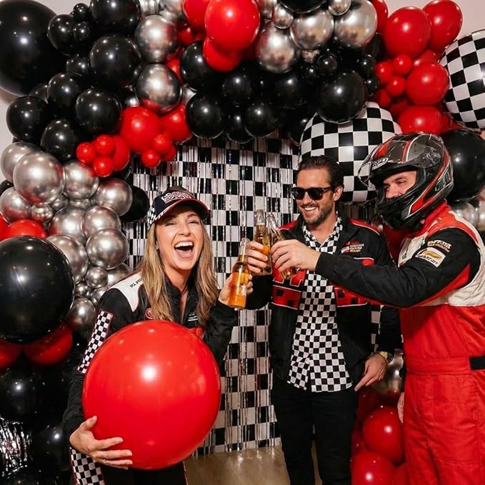 Race Car Balloon Arch Kit -Race Car Birthday Party Streamers Backdrops Decorations, Balloons and Black White Checkered Foil Fringe Curtains Backdrop for Racing Car Two Fast 2nd Theme Party Decorations
