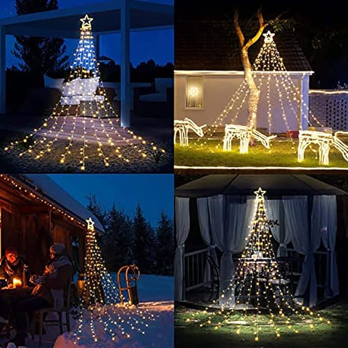 PUHONG Christmas Decoration, Outdoor Star String Lights, Christmas Tree Toppers Lights 320 LED 8 Modes with 12" Lighted Star for Halloween Christmas New Year Holiday Birthday Decor (Warm White)