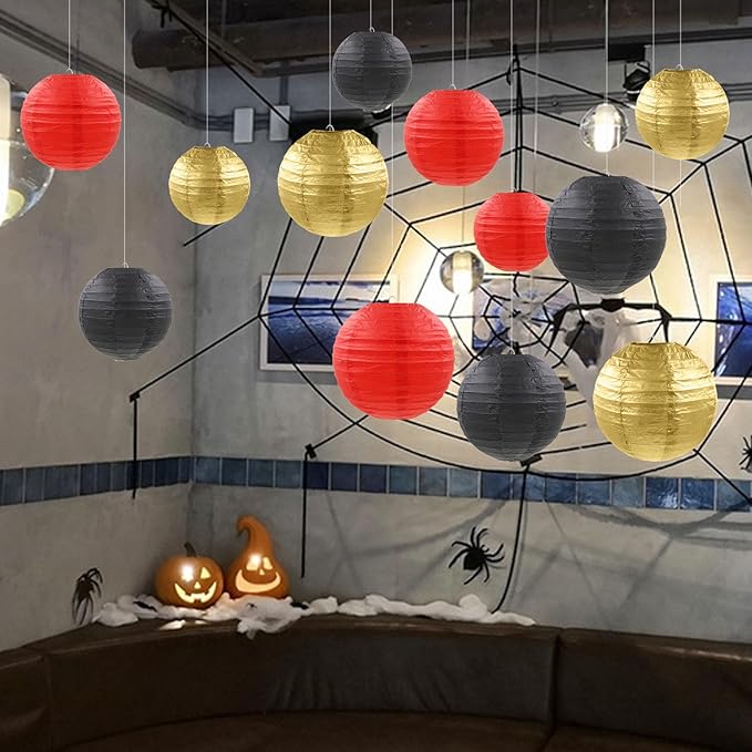 12 Pcs Red Black Gold Paper Lanterns Round Hanging Paper Lanterns for Birthday Wedding Graduation New Year Bachelorette Party Decoration