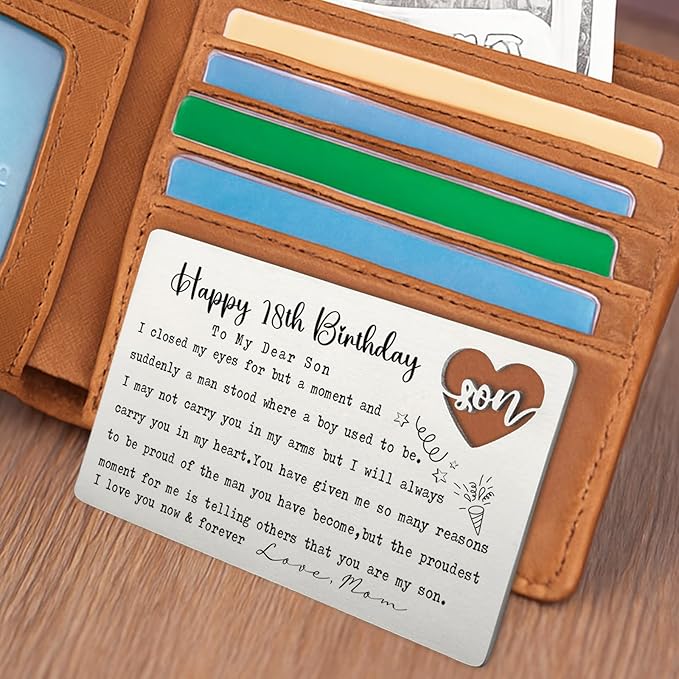 Happy 18th Birthday Wallet Insert for Son from Mom, Stainless Steel Laser-Engraved Postcard with Heart Cutout, Adult Son Birthday Gift, Sentimental Pocket Keepsake for Milestone Celebration QBK09