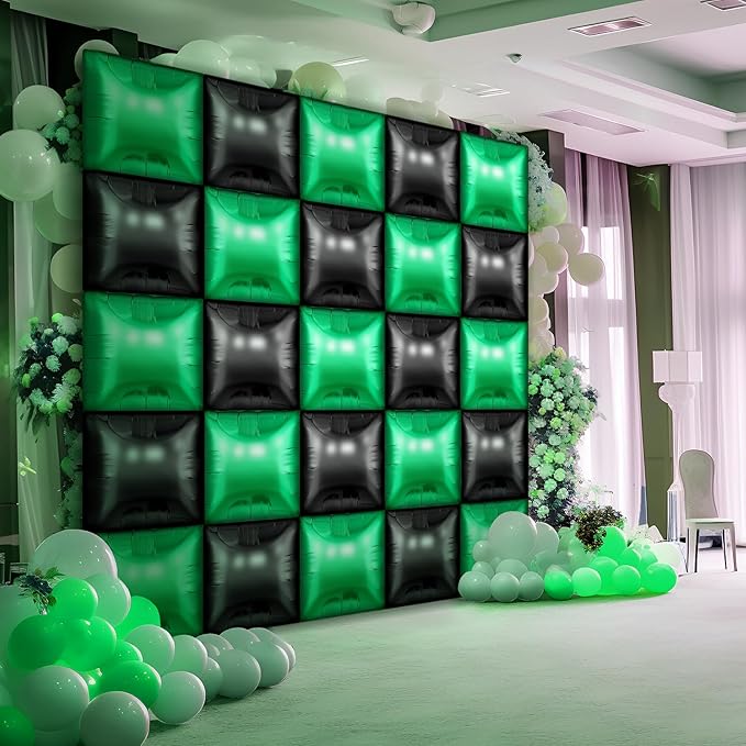 25 Pcs Video Game Party Double Sided Square Foil Balloons Wall Backdrop 19 Inches Green and Black Foil Balloons Tunnel Arch Garland Kit for Boy Game Theme Birthday Party Background Decoration