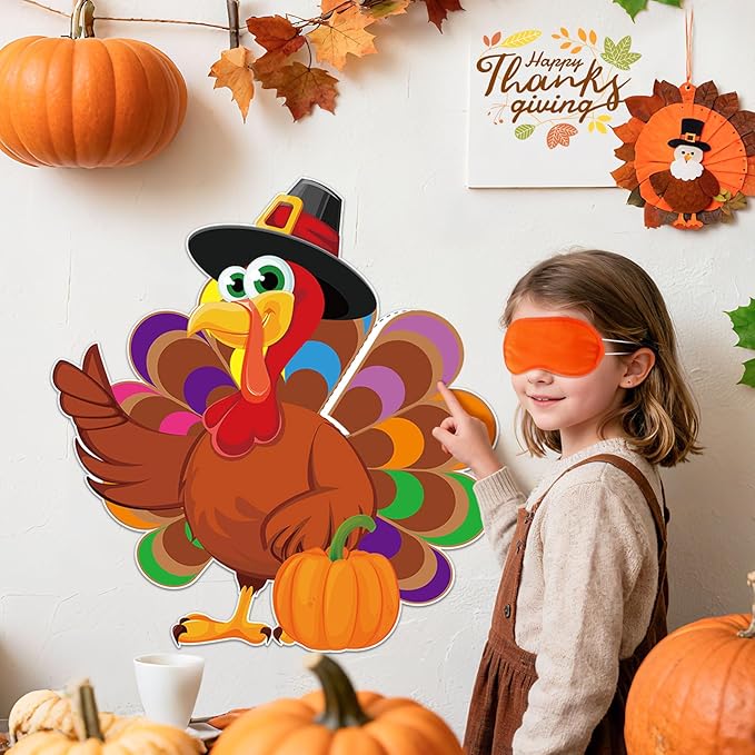 AUGSUN Lare Thanksgiving Party Games for Kids Pin The Tail On The Turkey Game Thanksgiving Game Activities with Blindfolds and Stickers Fall Festival Autumn Party Decorations for Adults Family School