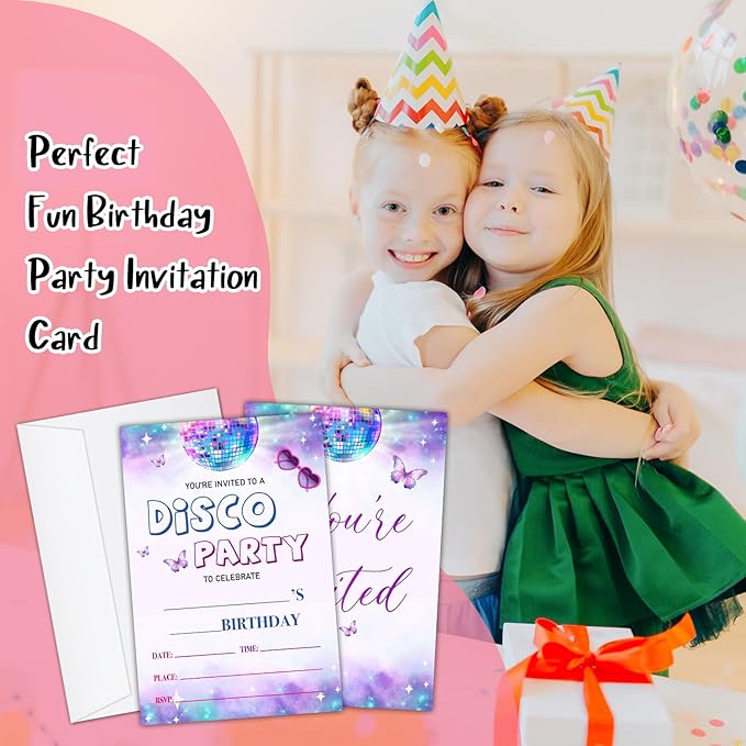 Disco Party Birthday Party Invitation Cards for Women Girls Boys, Disco Birthday Celebration Party Invite Cards Supplies, 20 Double-Sided Fill In Invites With Envelopes -09
