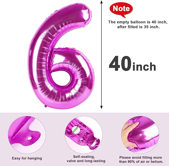 Number 6 Balloon 40 Inch, 6th Birthday Balloon for Boy Girl, Rose Purple 16 60 61 65 Numbers Balloons Birthday Party Wedding Events Decorations