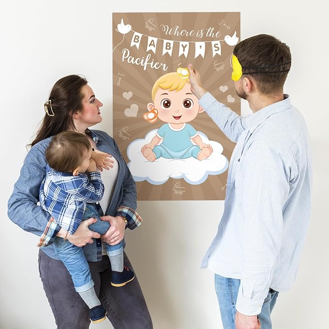 Hxezoc Baby Shower Game Pin The Pacifier On The Baby with 72 Pcs Pacifier Stickers, Large Baby Party Games Poster for Boys Kids Baby Shower Birthday Party Supplies