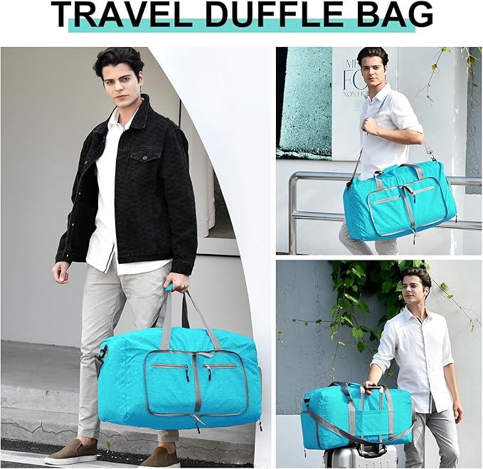 Dimayar 65L Travel Duffle Bag for Men Women - Foldable Duffel Bag with Shoes Compartment - Overnight Bags Waterproof & Tear Resistant(Mint Green)
