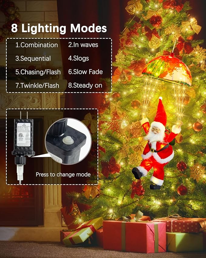 LED Christmas Decorative Hanging Lights with 1.31ft Parachute Santa Claus, Christmas Decorations Lights for Indoor Outdoor, Window, Garden, Home, Wall, Xmas Tree Decor