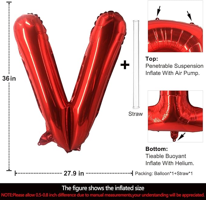 Lovoir 40 Inch Large Red Letter V Balloons Big Size Jumbo Mylar Foil Helium Balloon for Birthday Party Celebration Decorations Alphabet Red V