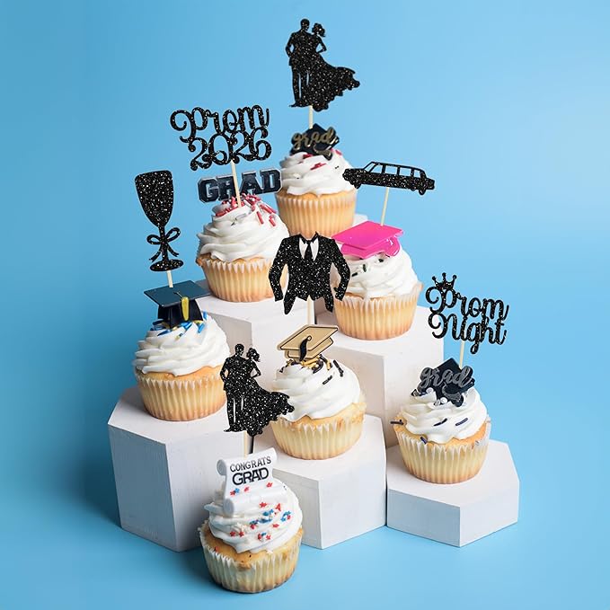 Gyufise 24Pcs Prom Cupcake Topper Prom Decorations for Party 2026 Graduation Cupcake Topper 2026 Graduation Decorations Black