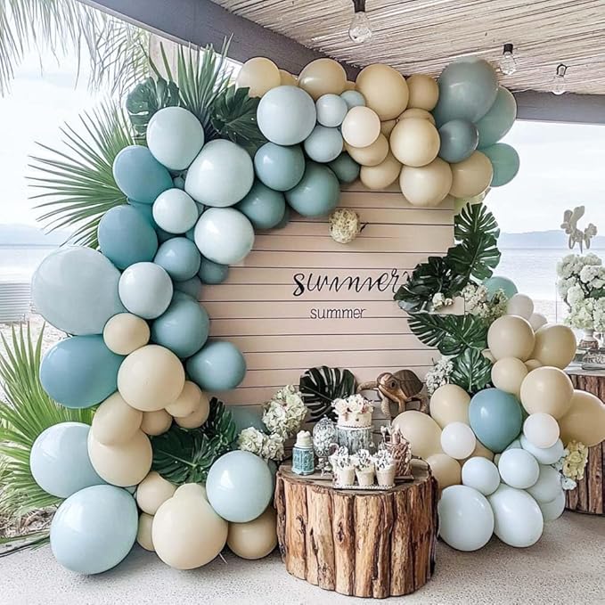 Dusty Blue White Sand Balloon Garland Double Stuffed Pastel Light Blue Cream Beige Matte Balloon Arch Kit with Gold Latex for Neutral Baby Shower Bridal Wedding Birthday Easter Party