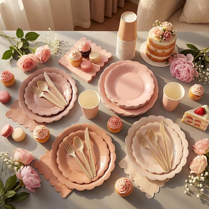 Yaomiao 175 Pcs Brown Paper Plates Boho Disposable Dinnerware Sets with Plastic Knife Fork Spoon Boho Bridal Shower Wedding Decorations Brown Party Supplies Disposable Tableware Set Serve 25 Guests