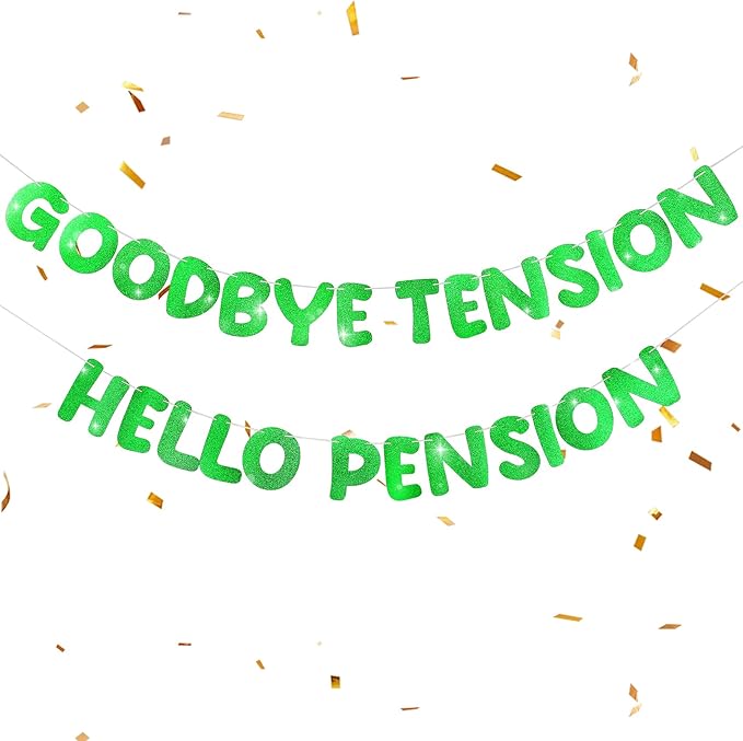 Retirement Banner Pre-Strung GOODBYE TENSION HELLO PENSION Banner Glitter Retirement Party Supplies Decorations for Women Men Office Home Decor (Green)