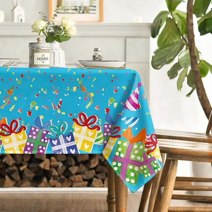 Horaldaily Birthday Tablecloth 60x120 Inch Rectangular, Happy Birthday Ballon Blue Washable Seasonal Table Cover for Party Picnic Dinner Decor