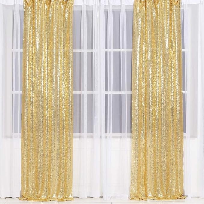 Juya Delight 2ft x 8ft x 2Pcs New Gold Sequin Photography Backdrop Curtain for Party Banquet Festival Wedding Anniversary Exhibition