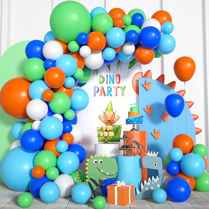 Blue Green Orange Dinosaur Balloon Arch, 121 PCS, Boys Birthday, Baby Shower Decorations