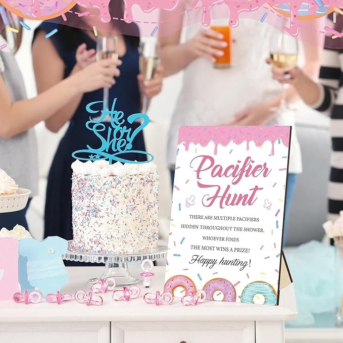 Thyle 51 Pcs Donut Baby Sprinkle Decoration Pacifier Hunt Sprinkled with Love Donut Baby Shower Games Pink Themed Hunt Sign and 50 Acrylic Pacifiers Sets for Gender Reveal Party Favors Guest Supplies