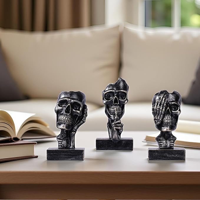 See Hear Speak No Evil Skeleton Figurines Set,Gothic Evil Skull Trio Statue,Vintage Skeletons for Halloween Decorations Indoor,Living Room Fireplace Floating Shelf Coffee Table Centerpiece Decor