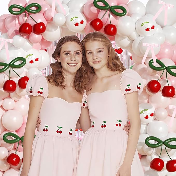 JOGAMS Cherry Balloon Arch Kit,192Pcs Cherry Party Decorations with Red Green 260 Balloons Pink Ribbon Bows for Cherry On Top Baby Shower Birthday Bridal Shower Wedding Galentine's Valentine's Day