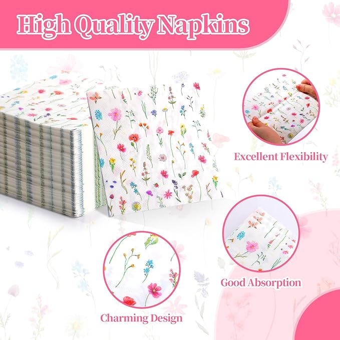 Wildflower Party Decorations,Floral Baby Shower Birthday Tableware Decorations, Wildflower Plates and Napkins for Summer Picnic Wedding Tea Party,Serve 25 Guests