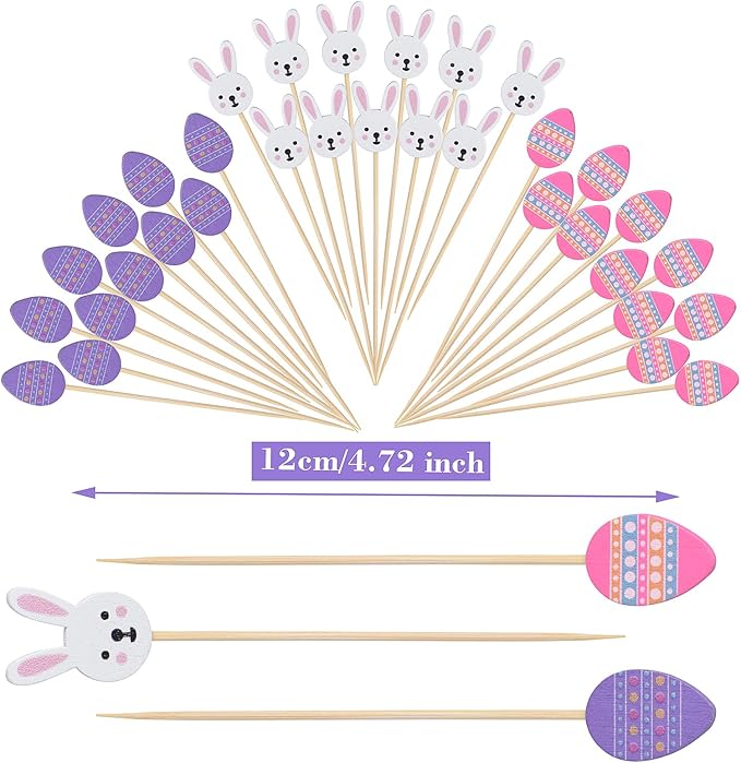 JtmyAota 100 Pack Easter Toothpicks for Appetizers, 4.7 Inch Natural Bamboo Cocktail Picks for Cake Dessert Food Fruit Easter Party Decorations