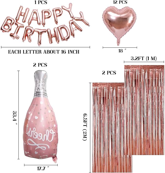 Rose Gold Balloons Foil Curtains 29 Pcs Rose Gold Party Decor Rose Foil Helium Wine Balloons Boy Birthday Party Decorations for Girls Women Party Supplies