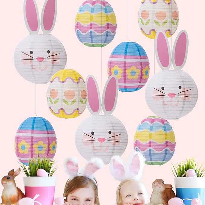 UNIQOOO 9PCS Easter Party Decorations Supplies Eggs Bunny Paper Lanterns Set For Kids, Reuseable 10’’ Pastel Color Hanging Lantern Decor for Home Outdoor Yard Tree Religious Easter Hunt Party Favors
