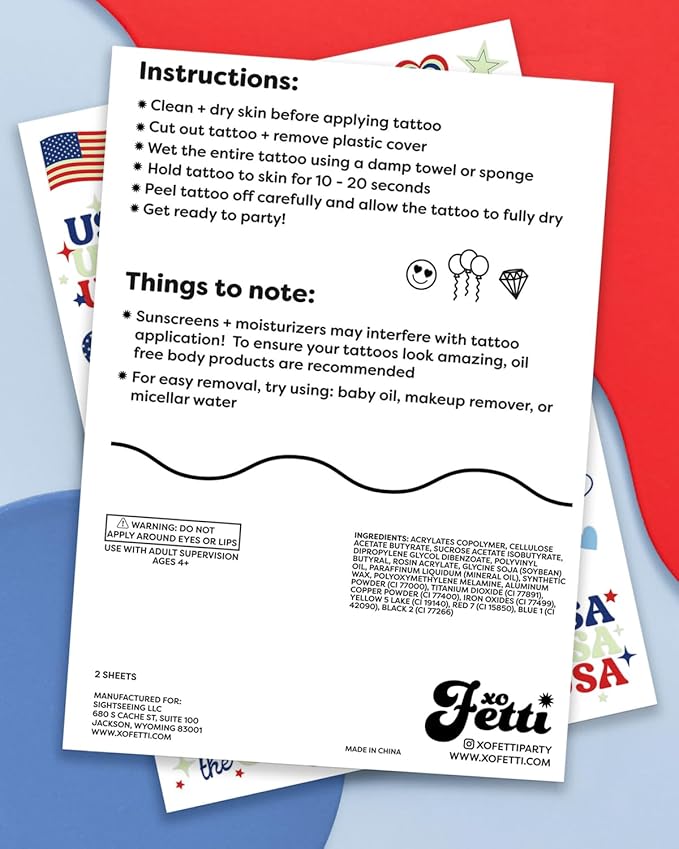 xo, Fetti Fourth of July Tattoos - 60 designs Glow in the Dark | Patriotic Party Decor, Red White Blue, USA Flag, Kids Birthday, American Independence Day, Temporary Tattoos