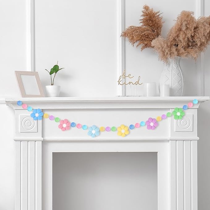 Whaline Boho Flower Felt Banner 3D Daisy Floral Pom Pom Balls Banner Pastel Flower Bunting Garland for Spring Party Supplies Silly Goose Home Hanging Decoration, No DIY Required