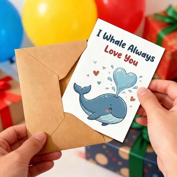 KINGNAME Cute Whale Pun Love Card for Wife Husband Partner, I Whale Always Love You, Romantic Anniversary Valentine's Day Greeting Card for Him Her