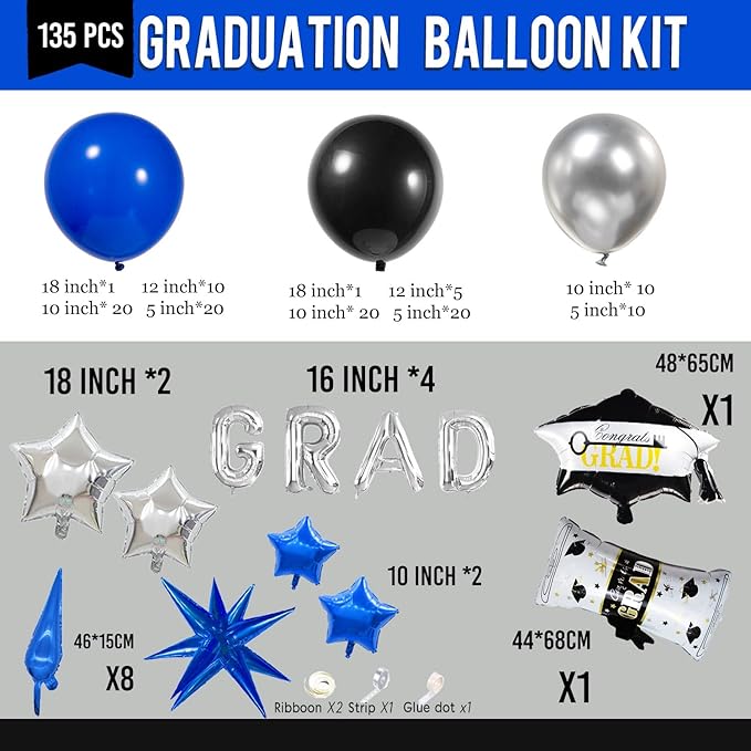 Black royal blue and Silver Balloon Garland Arch Kit 130+ Pieces with royal blue and Silver Stars, Graduation Certificate Graduation Cap GRAD Letters Mylar Balloons for 2025 Graduation Prom Decoration